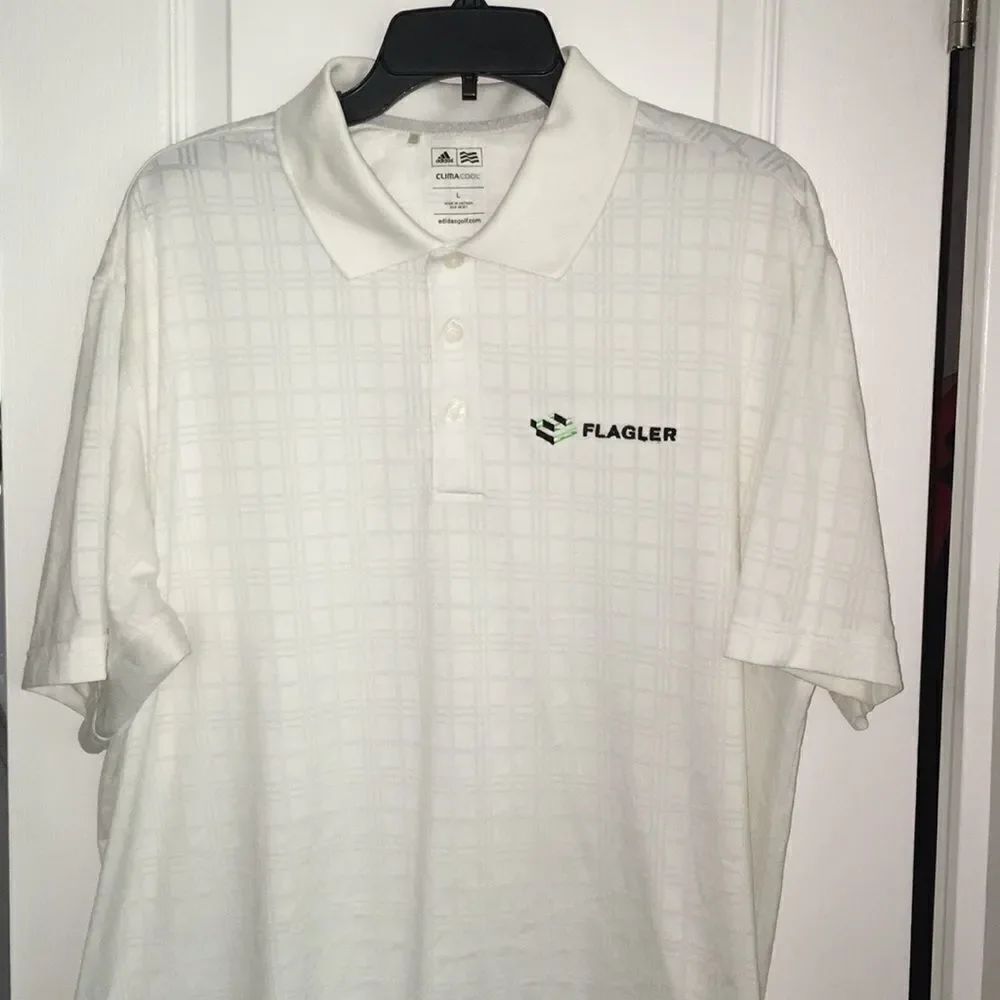 White Adidas Flagler Jacksonville FL Florida polo polyester mens Golf shirt L